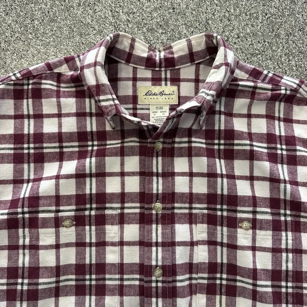 Eddie Bauer Flannel Shirt Mens XXL Thick Vintage Long Sleeve Plaid Burgundy